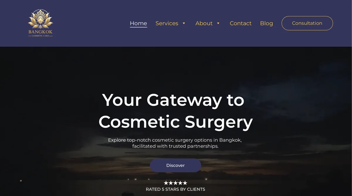 Bangkok Cosmetic Care website with a deep indigo navigation bar and cosmetic surgery hero section