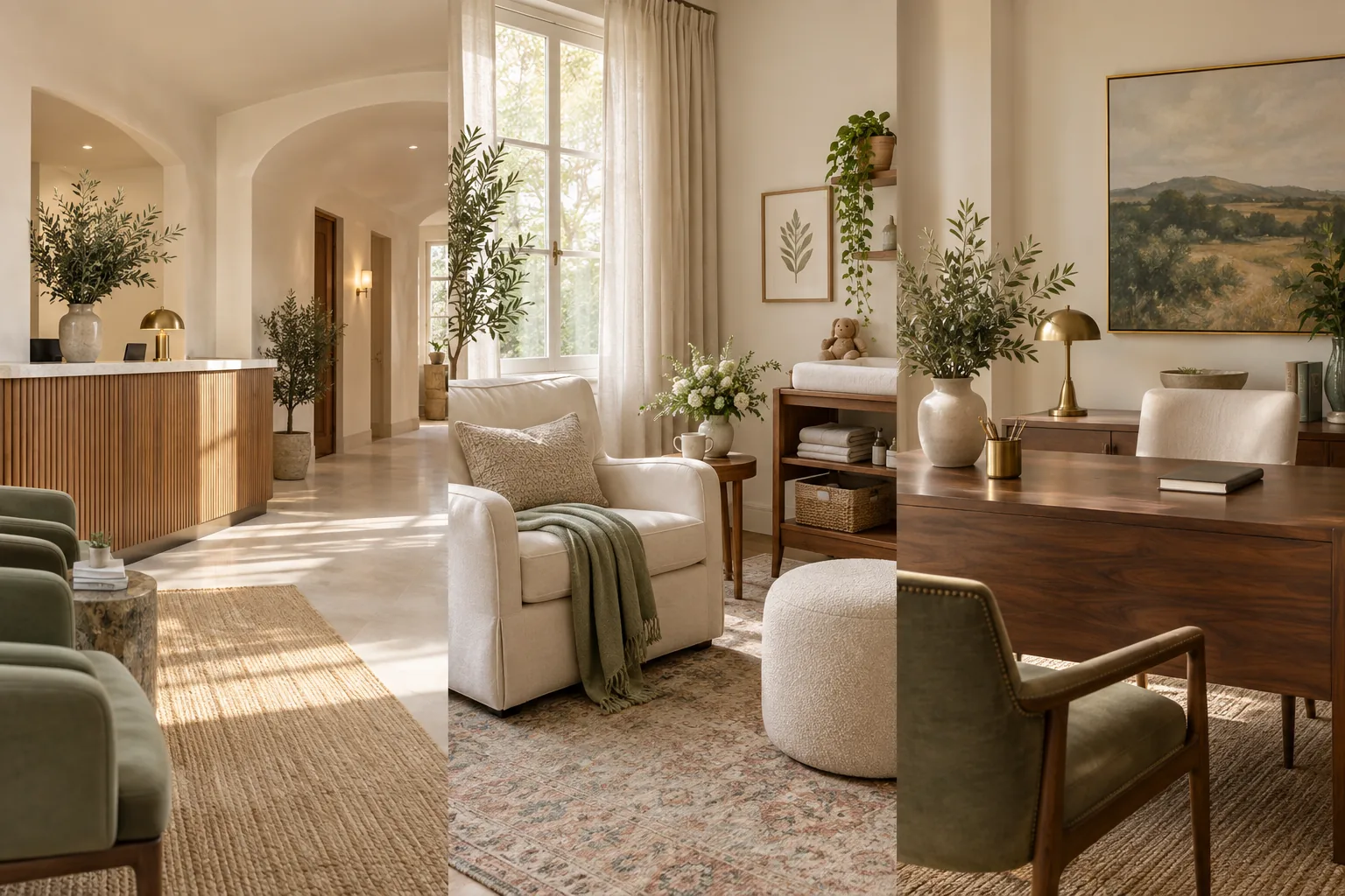 Three calm, sunlit interiors: a clinic reception, a nursery and a consultant’s office