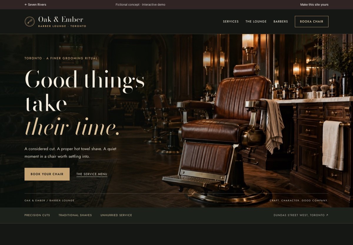 Screenshot of the Oak & Ember Barber Lounge sample website