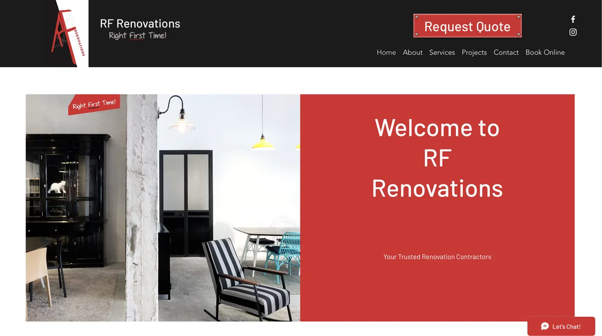 RF Renovations website with its red ladder logo and a renovated dining space
