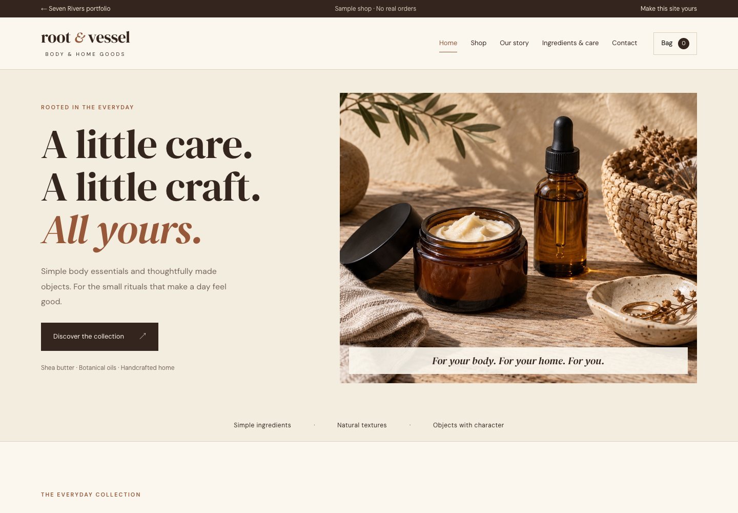 Root & Vessel artisan shop with shea butter, botanical oil and handcrafted home goods