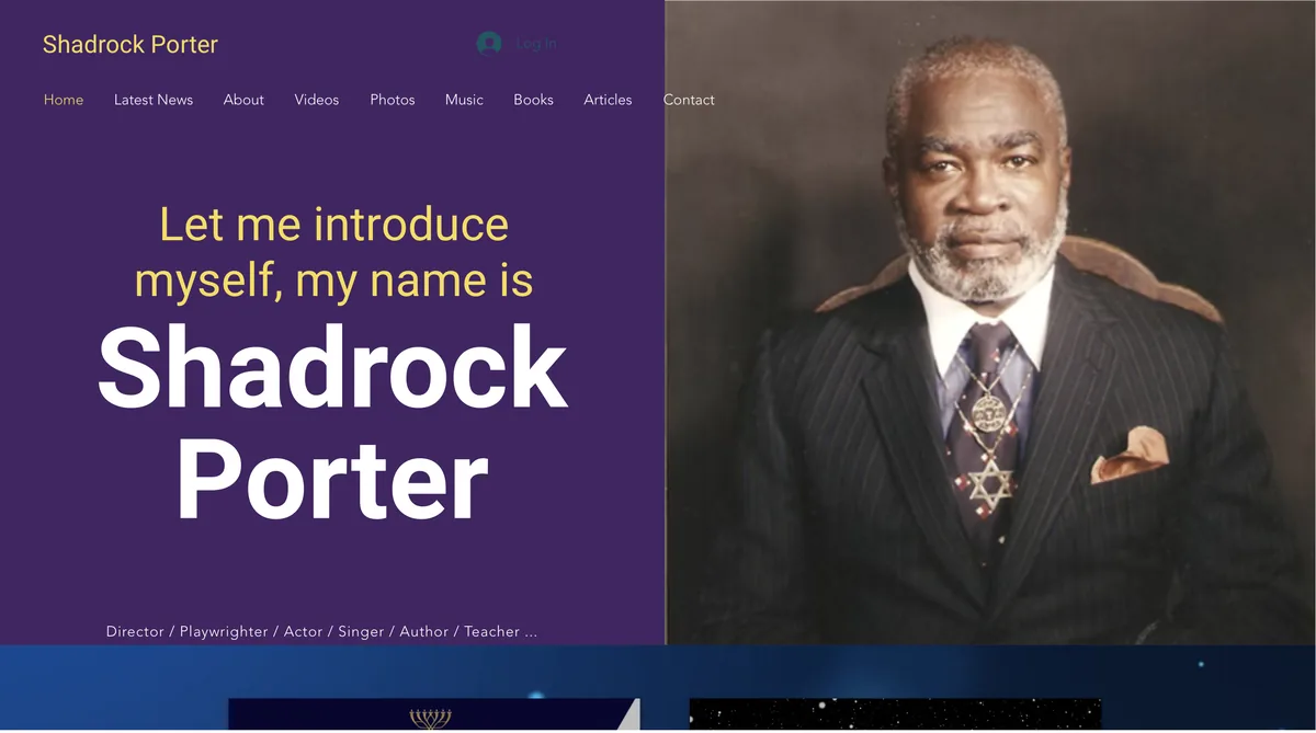 Shadrock Porter’s website with his portrait beside a purple introduction panel
