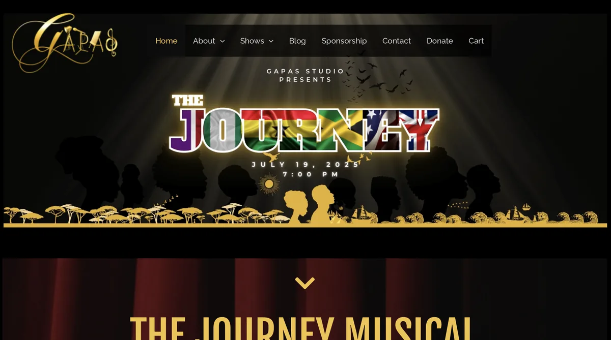 GAPAS Studio website announcing The Journey musical in gold and black