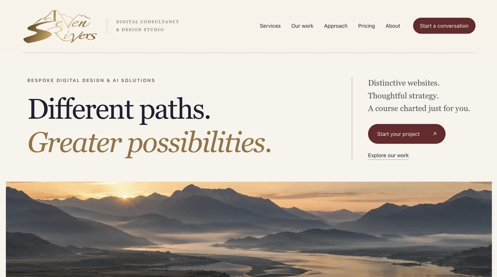 Seven Rivers homepage with the headline “Different paths. Greater possibilities.” above a misty river valley at sunrise