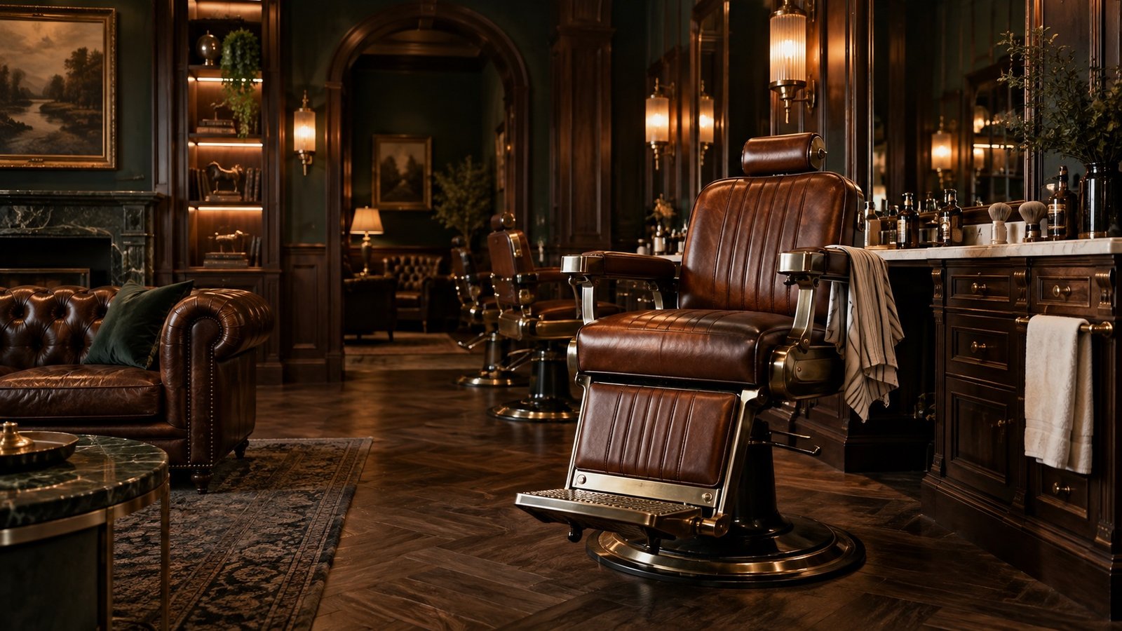 A classic cognac leather barber chair in a walnut-panelled lounge with brass fixtures and warm lamps