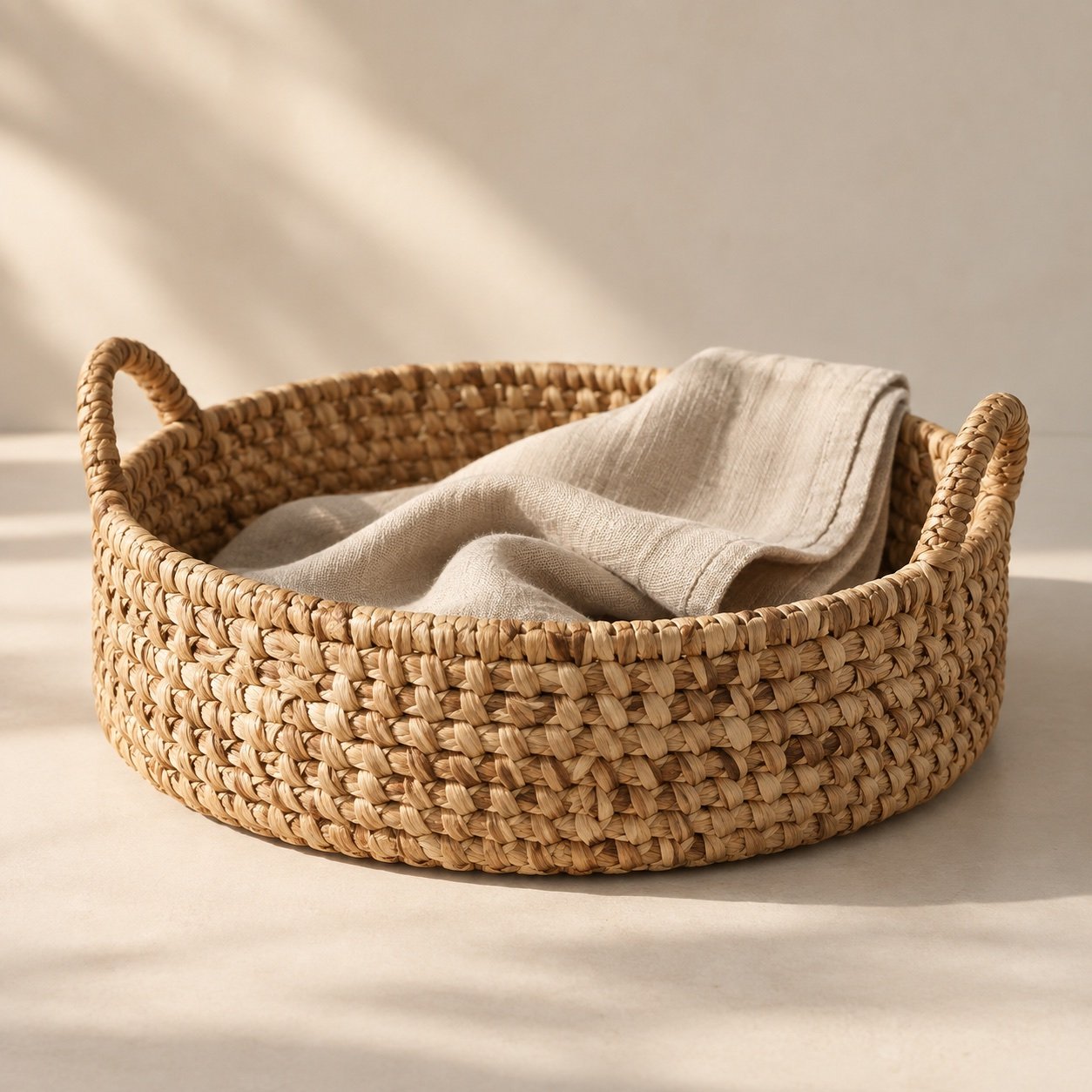 A low round woven basket with two handles and a folded linen cloth