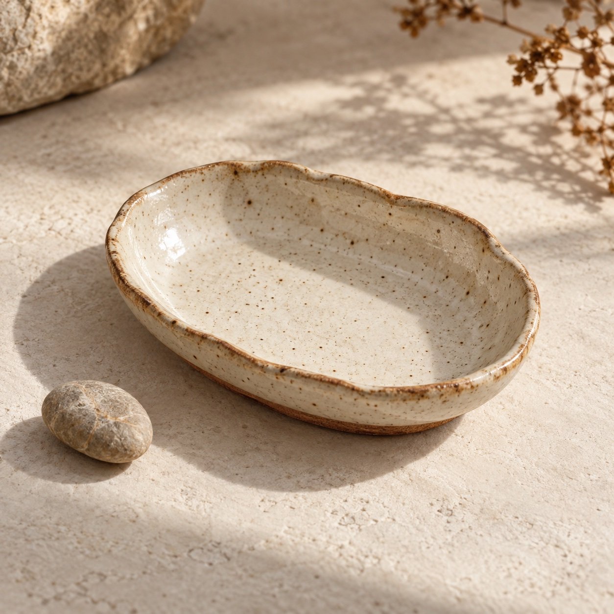 An oval cream-speckled handmade ceramic trinket dish with an irregular rim
