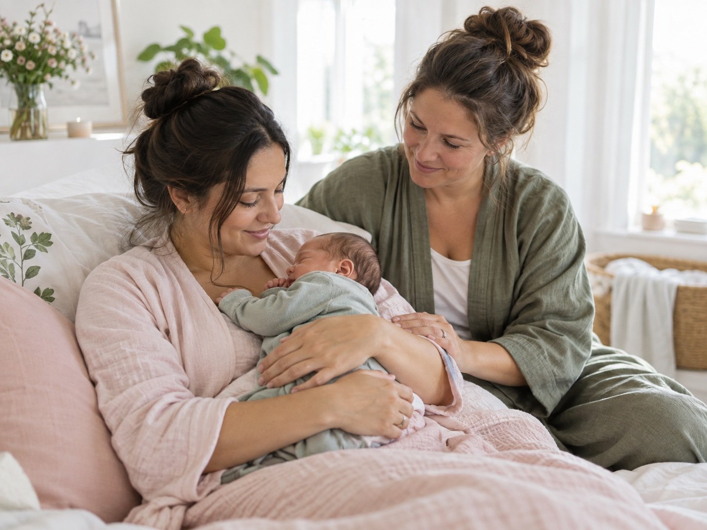 A doula sitting beside a mother holding her newborn in a bright, peaceful home