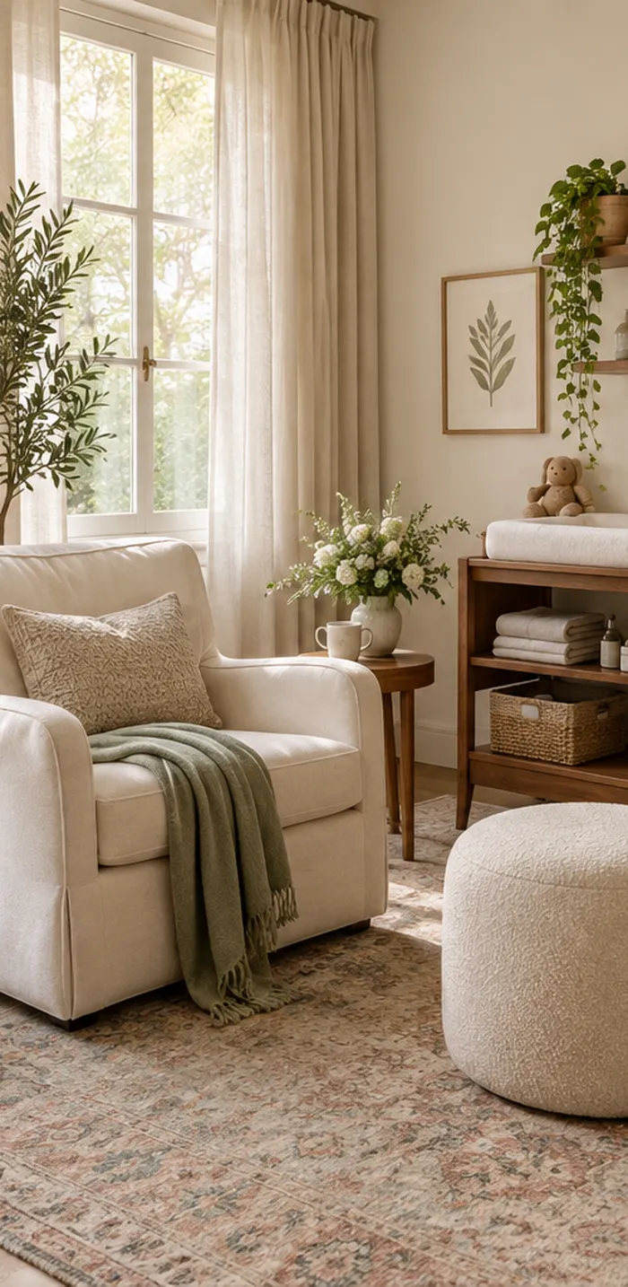 A quiet nursery corner with a cream armchair and soft natural light